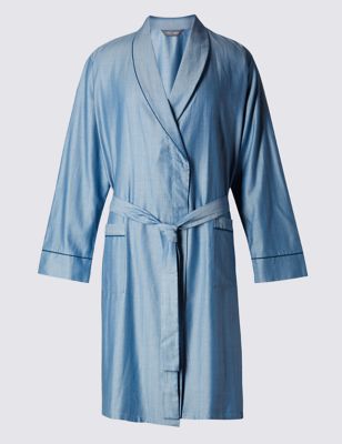Pure Cotton Herringbone Striped Belted Dressing Gown